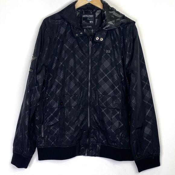 Jack & Jones Hartford Bomber Jacket Mens Sz XXL Black Plaid Hooded Motorcycle - Picture 1 of 15